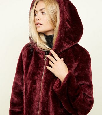 new look burgundy fur coat