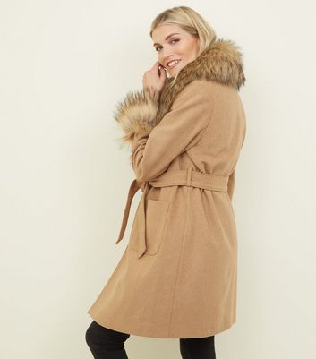 camel faux fur trim coat