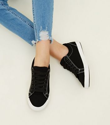 Girls Black Contrast Stitch Lace Up Girls' Stitch Slip On | Girls shoes