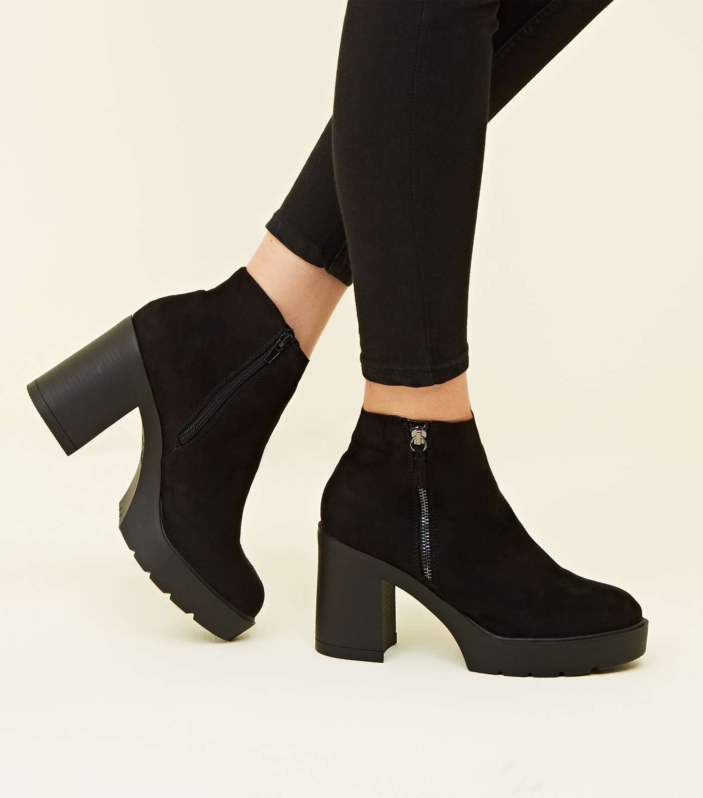Black Suedette Zip Side Chunky Heel Ankle Boots Image 2