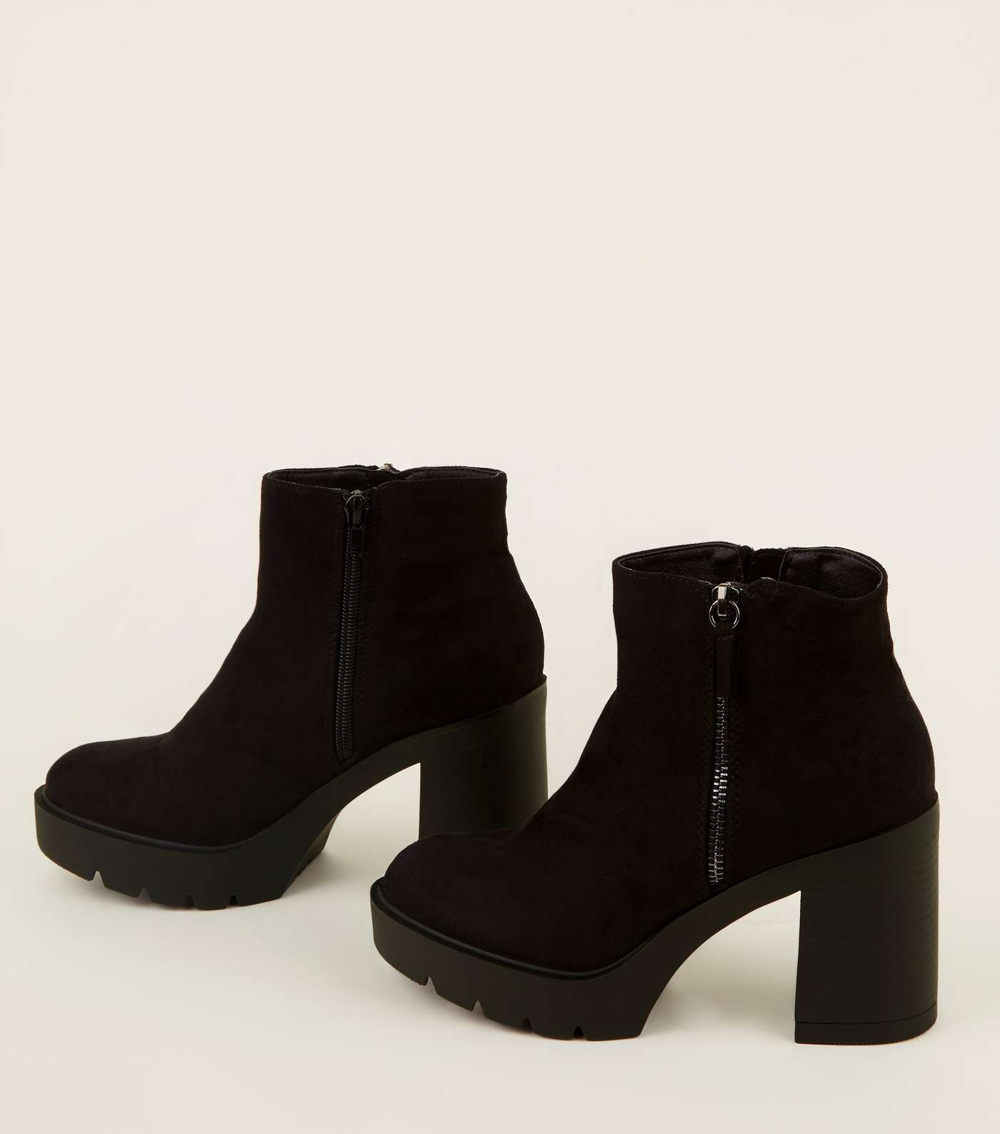 Black Suedette Zip Side Chunky Heel Ankle Boots Image 4
