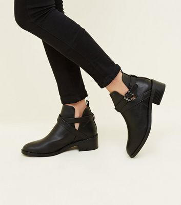 Black Leather-Look Cut-Out Ankle Boots 
