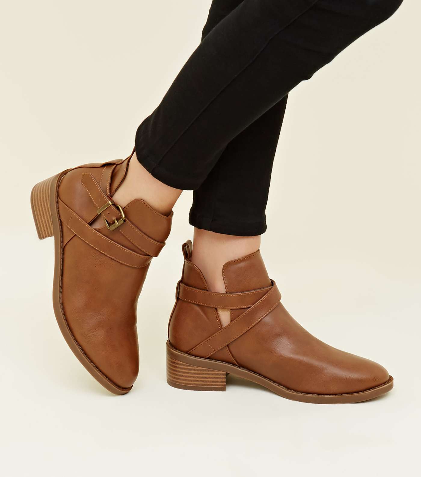Girls Tan Leather-Look Cut-Out Ankle Boots  Image 2