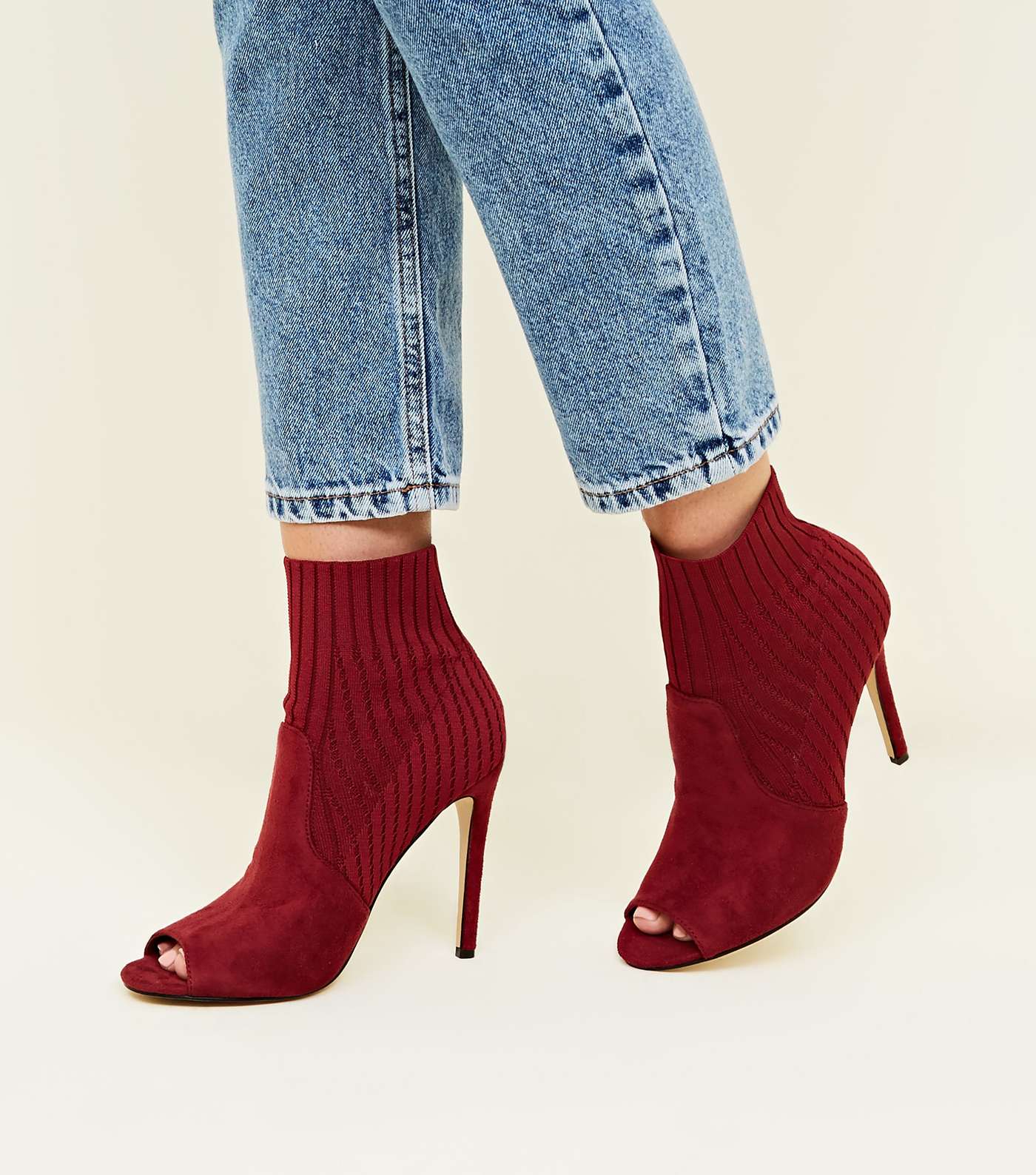 Dark Red Peep Toe Stiletto Sock Boots Image 2