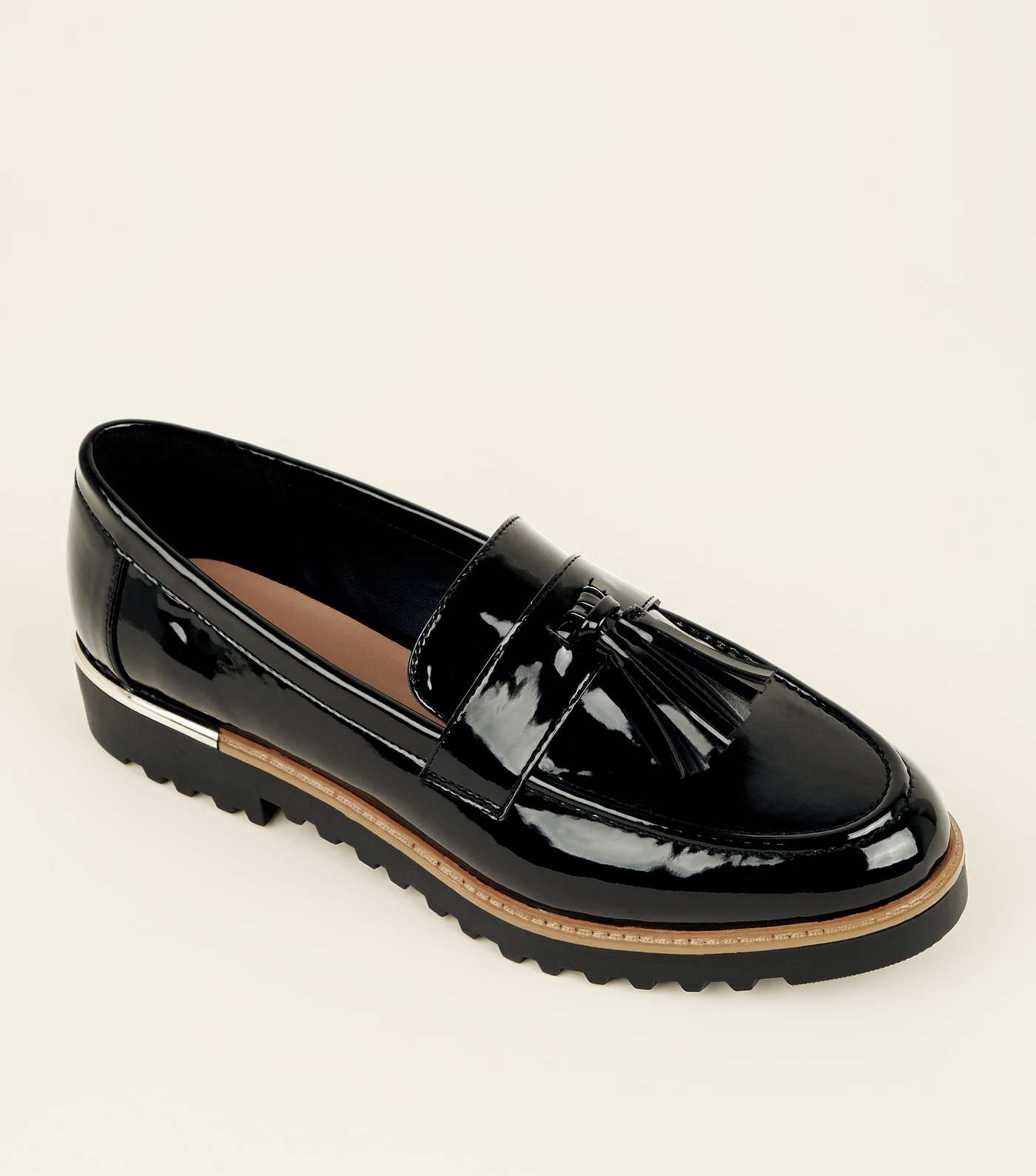Black Patent Tassel Front Chunky Loafers