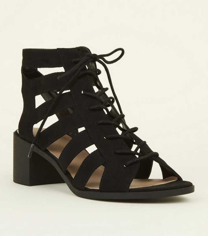 Black Suedette Cut Out Mid Heel Ghillie Sandals