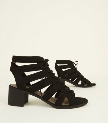 black suedette low block heel ghillie sandals