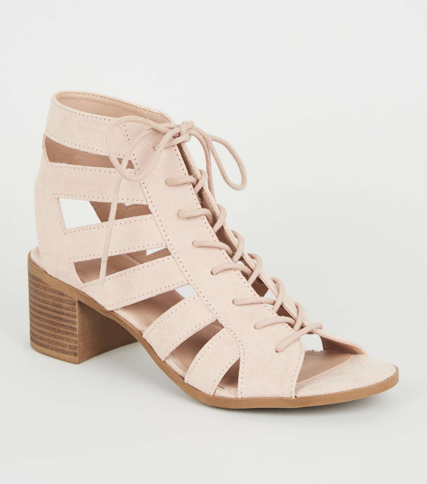 Nude Suedette Cut Out Mid Heel Ghillie Sandals