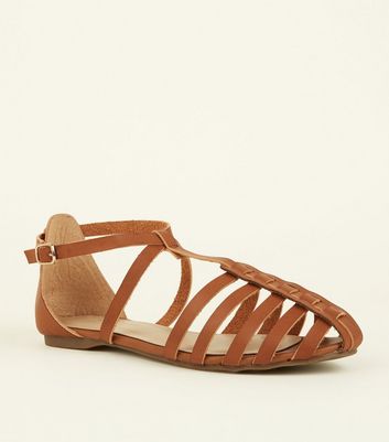 Tan Leather-Look Caged Closed Toe Sandals | New Look