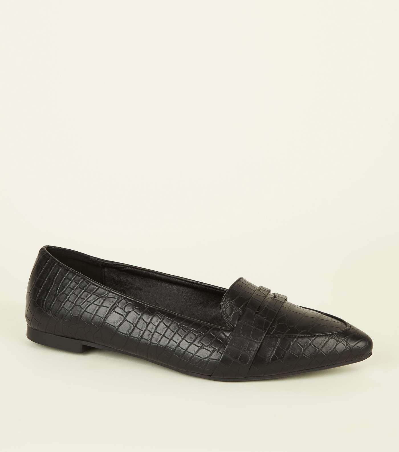 Black Faux Croc Pointed Penny Loafers