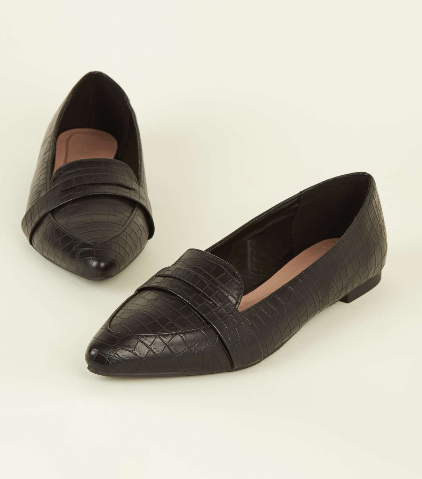 Black Faux Croc Pointed Penny Loafers Image 3