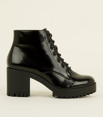 Black Patent Lace Up Chunky Ankle Boots 