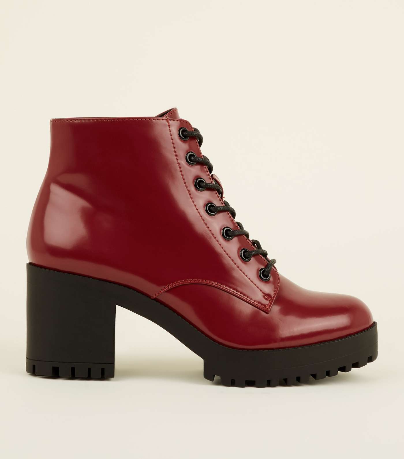 Dark Red Patent Lace Up Chunky Ankle Boots