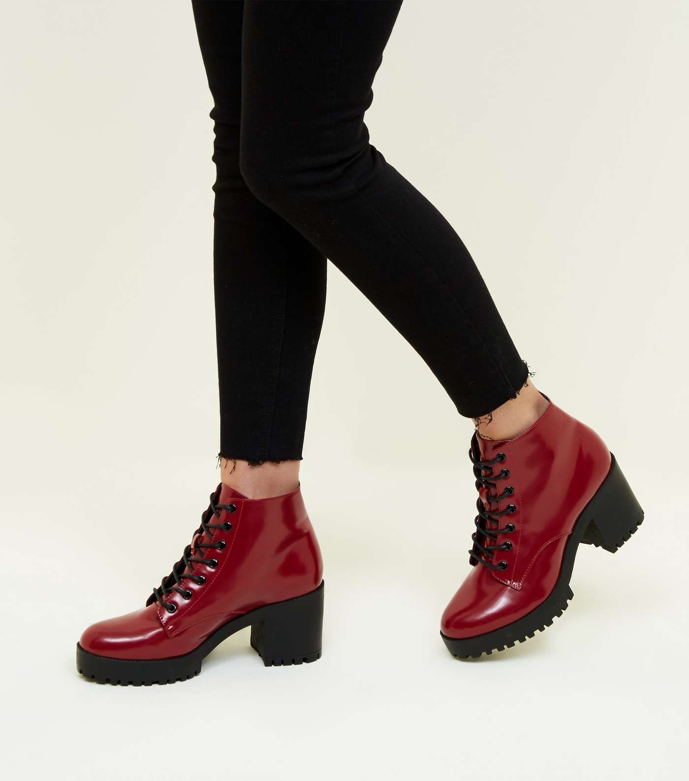 Dark Red Patent Lace Up Chunky Ankle Boots Image 3