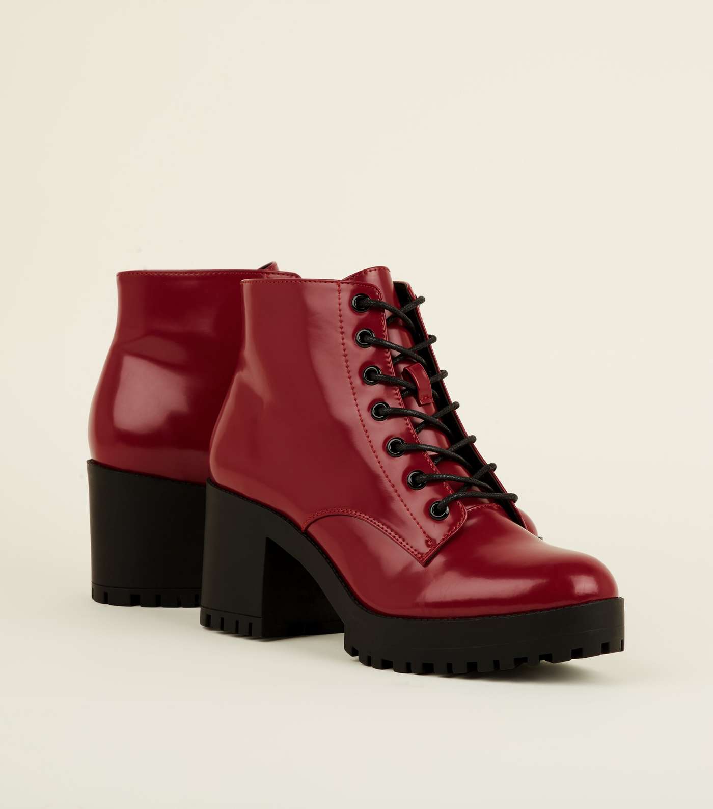 Dark Red Patent Lace Up Chunky Ankle Boots Image 5