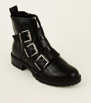 Black Faux Croc Chunky Buckle Boots 