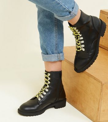 Black Leather Look Contrast Lace Hiker Boots New Look