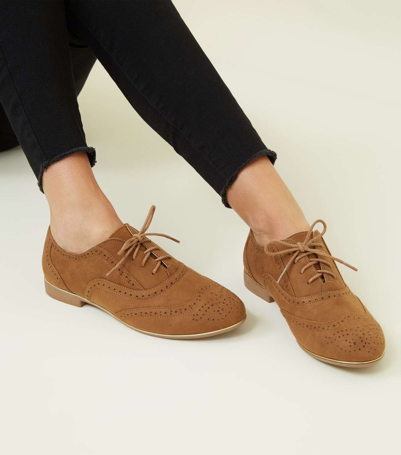 Wide Fit Tan Suedette Piped Edge Brogues Image 2