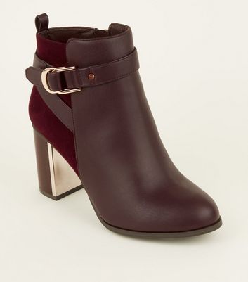 Wide Fit Dark Red Metal Block Heel Ankle Boots New Look