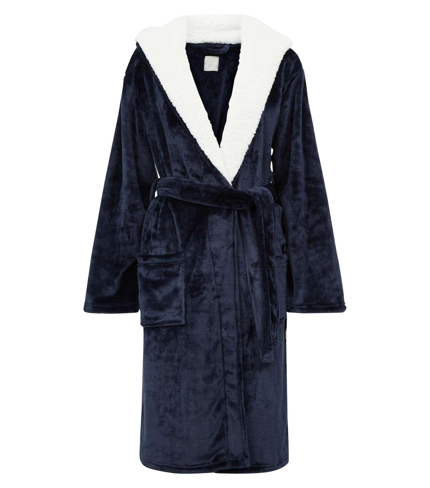 Navy Hooded Borg Dressing Gown  Image 4