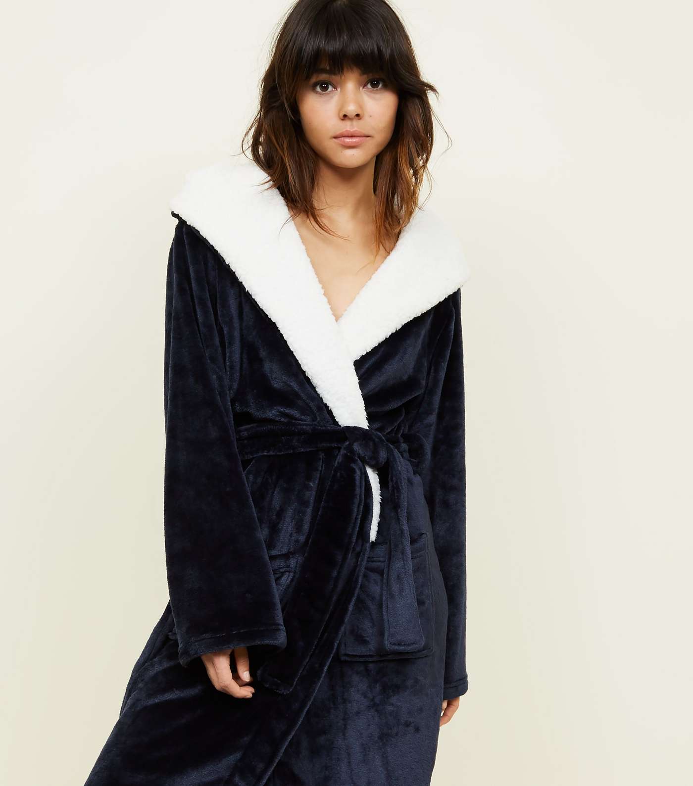 Navy Hooded Borg Dressing Gown  Image 2