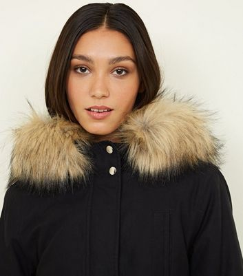 Black Faux Fur Hooded Parka Jacket 