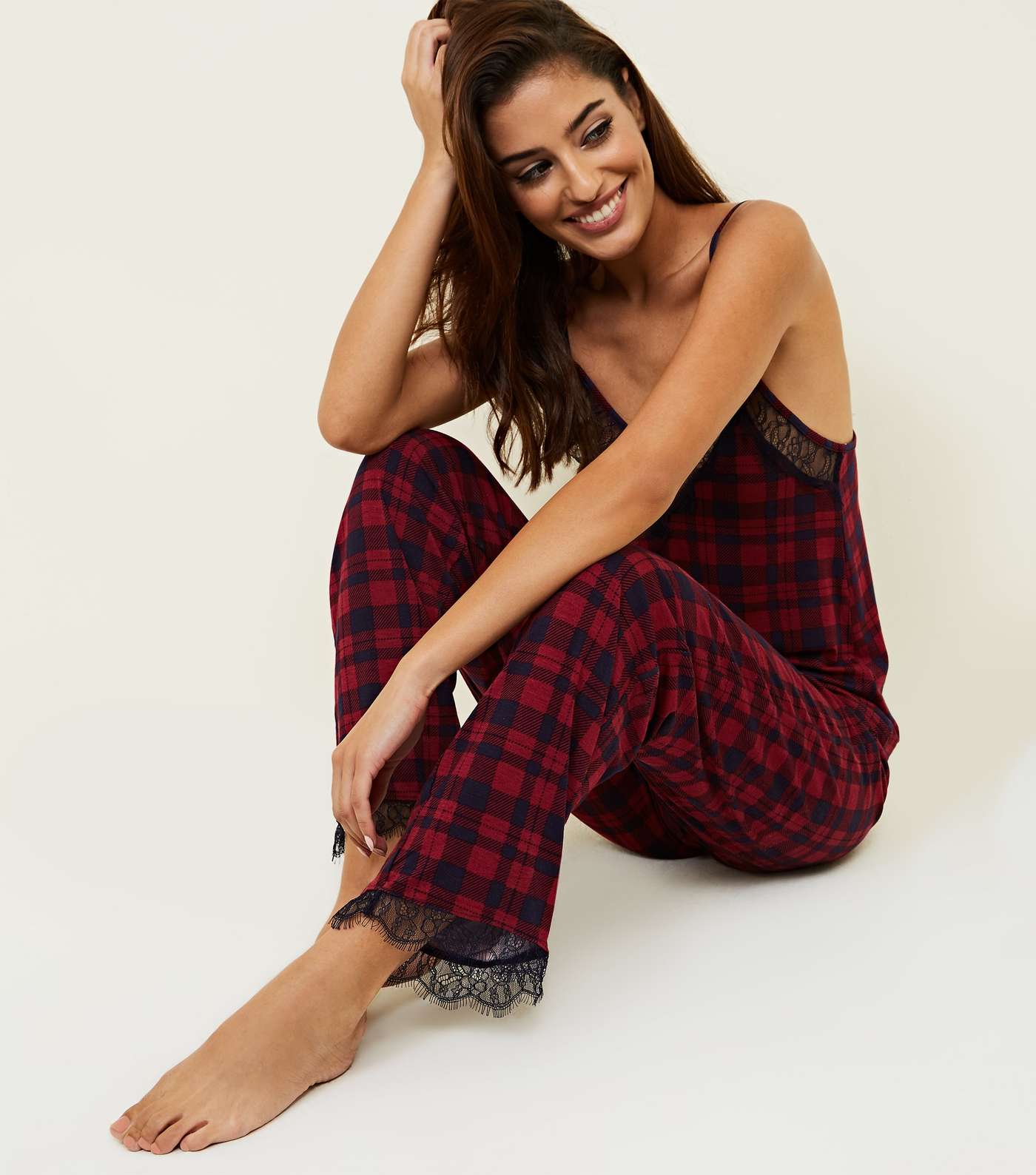 Red Check Lace Trim Pyjama Trousers  Image 5