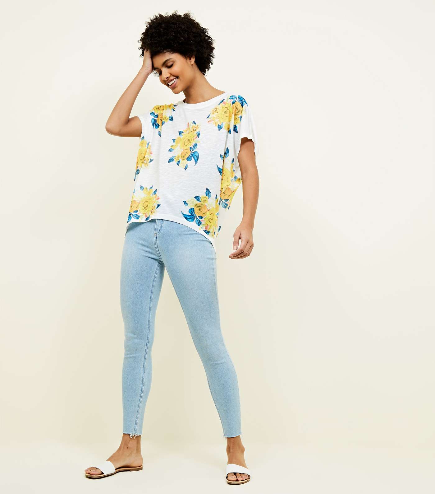 Blue Vanilla White and Mustard Rose Print Frill Sleeve Top Image 2