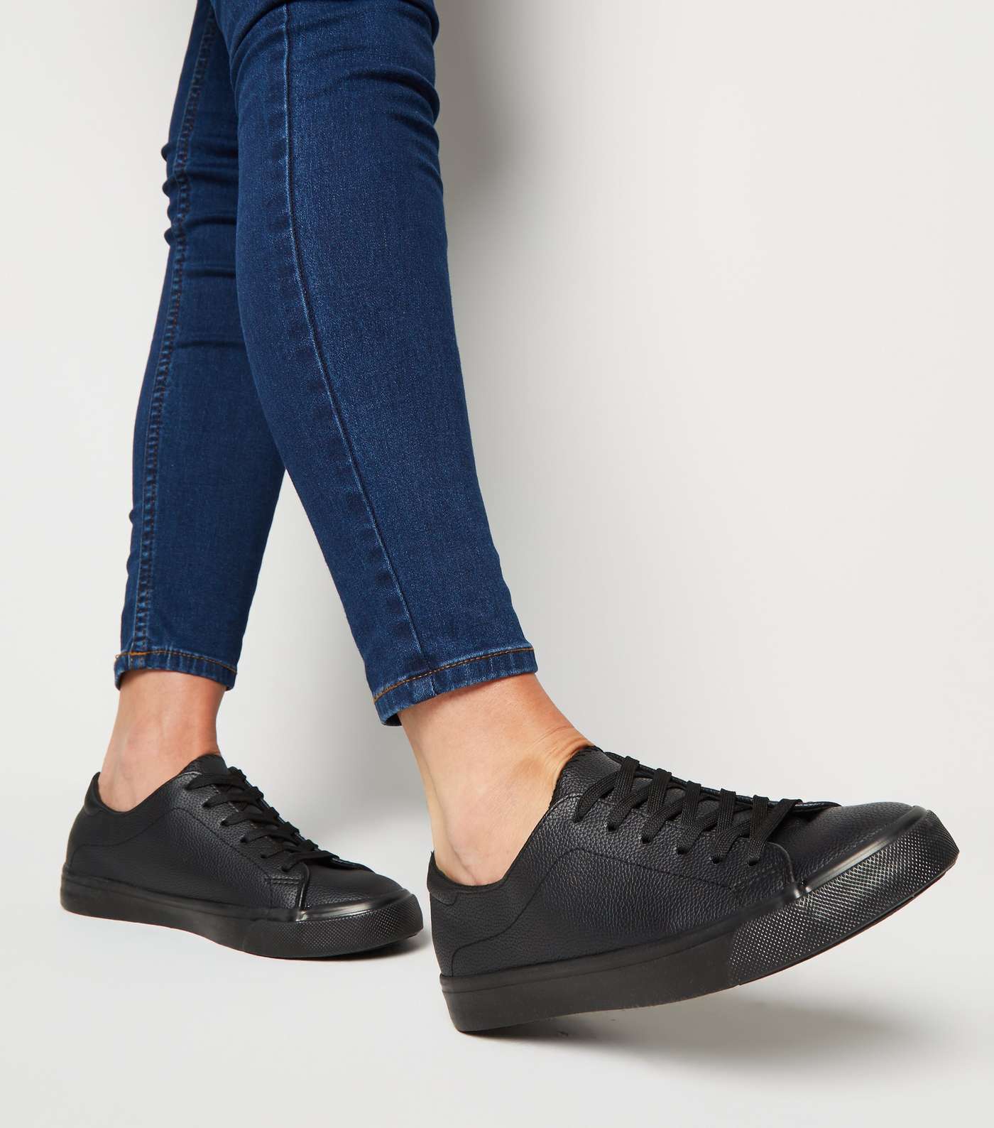 Black Leather-Look Lace Up Trainers Image 2