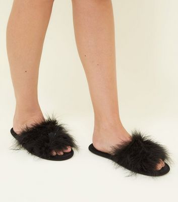 Black Fluffy Feather Slider Slippers 