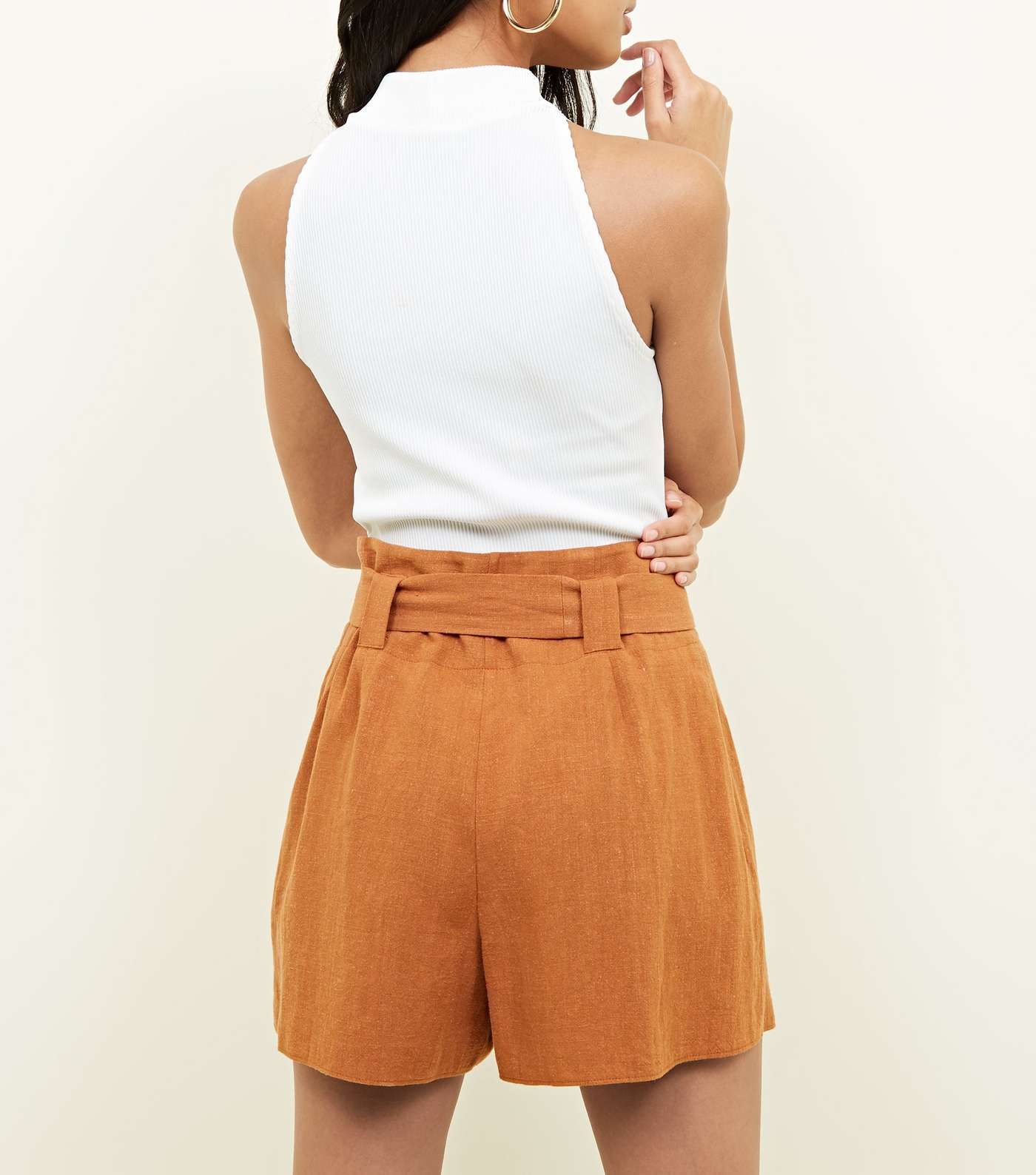 Rust Linen-Look Tie Waist Shorts Image 5