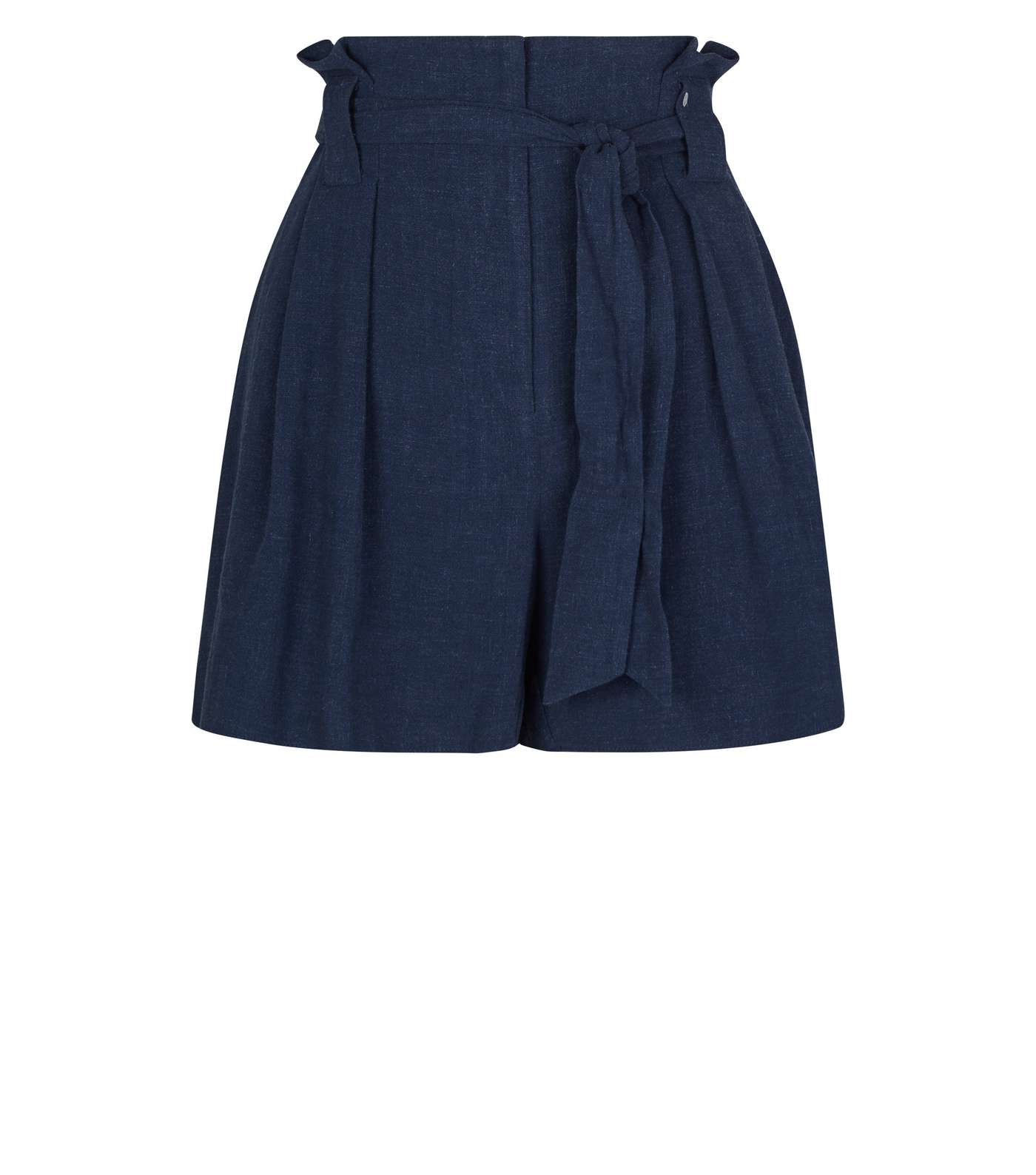 Navy Linen-Look Tie Waist Shorts Image 4