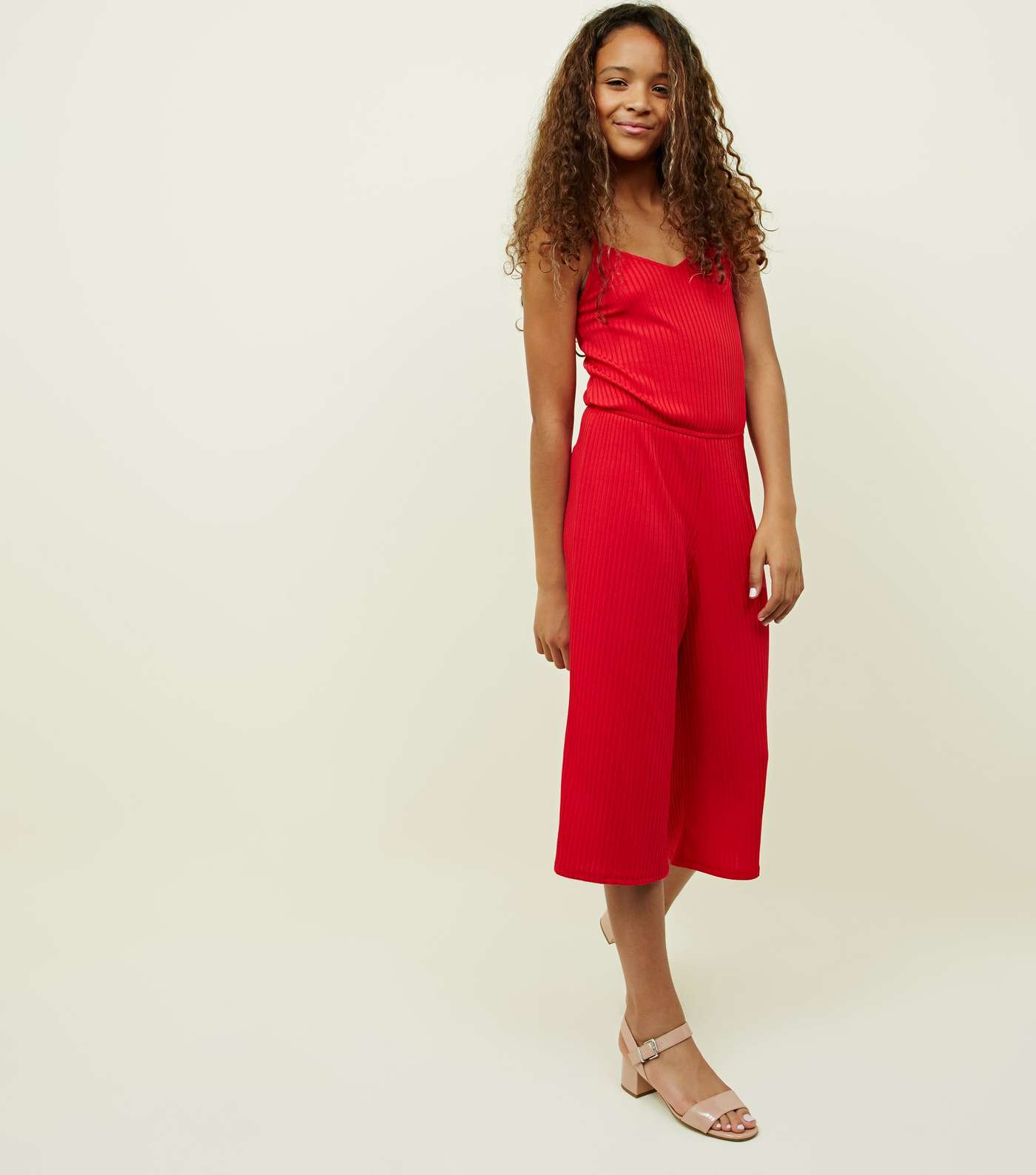 Girls Red Ribbed Strappy Jumpsuit