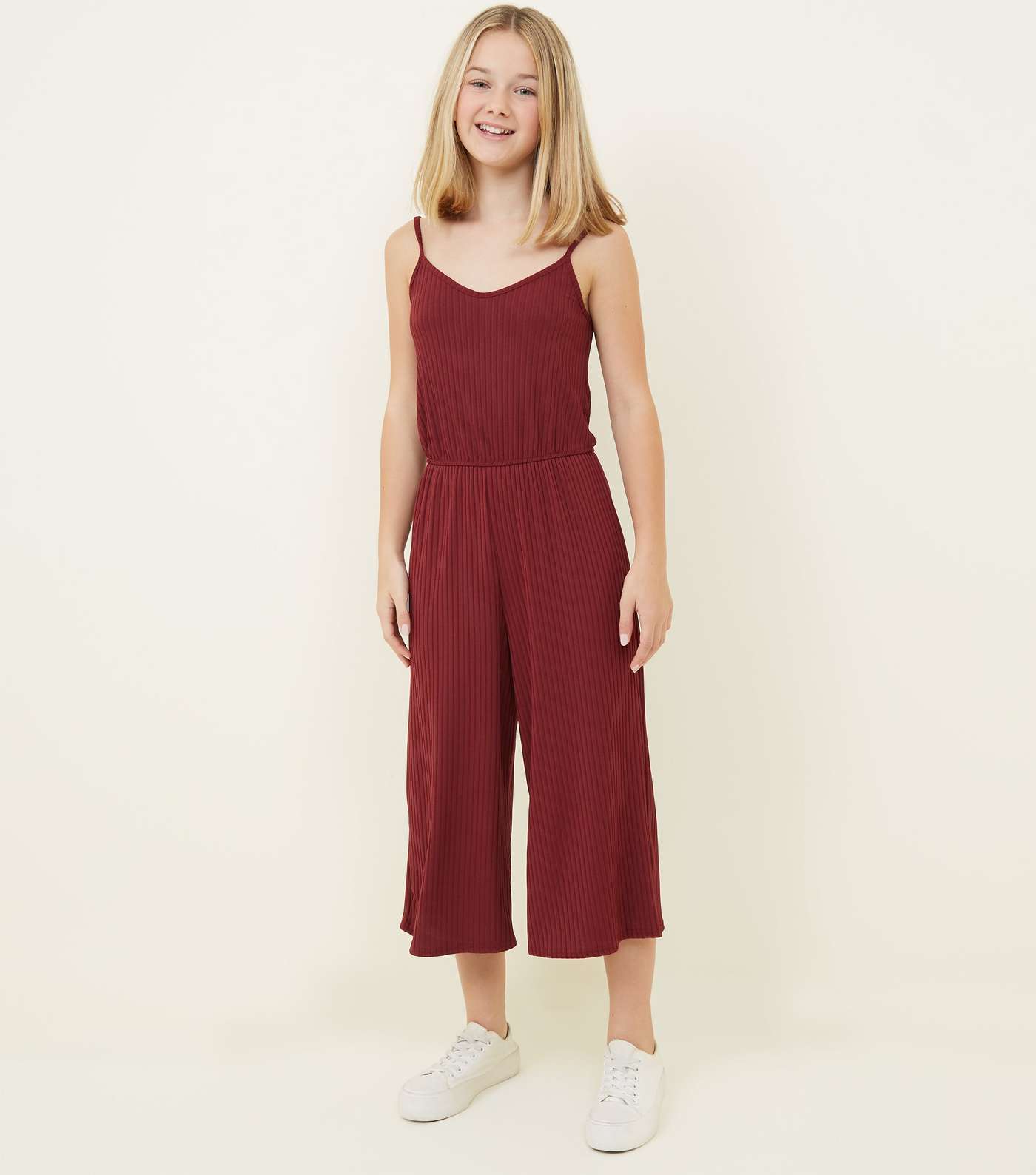 Girls Burgundy Ribbed Strappy Jumpsuit