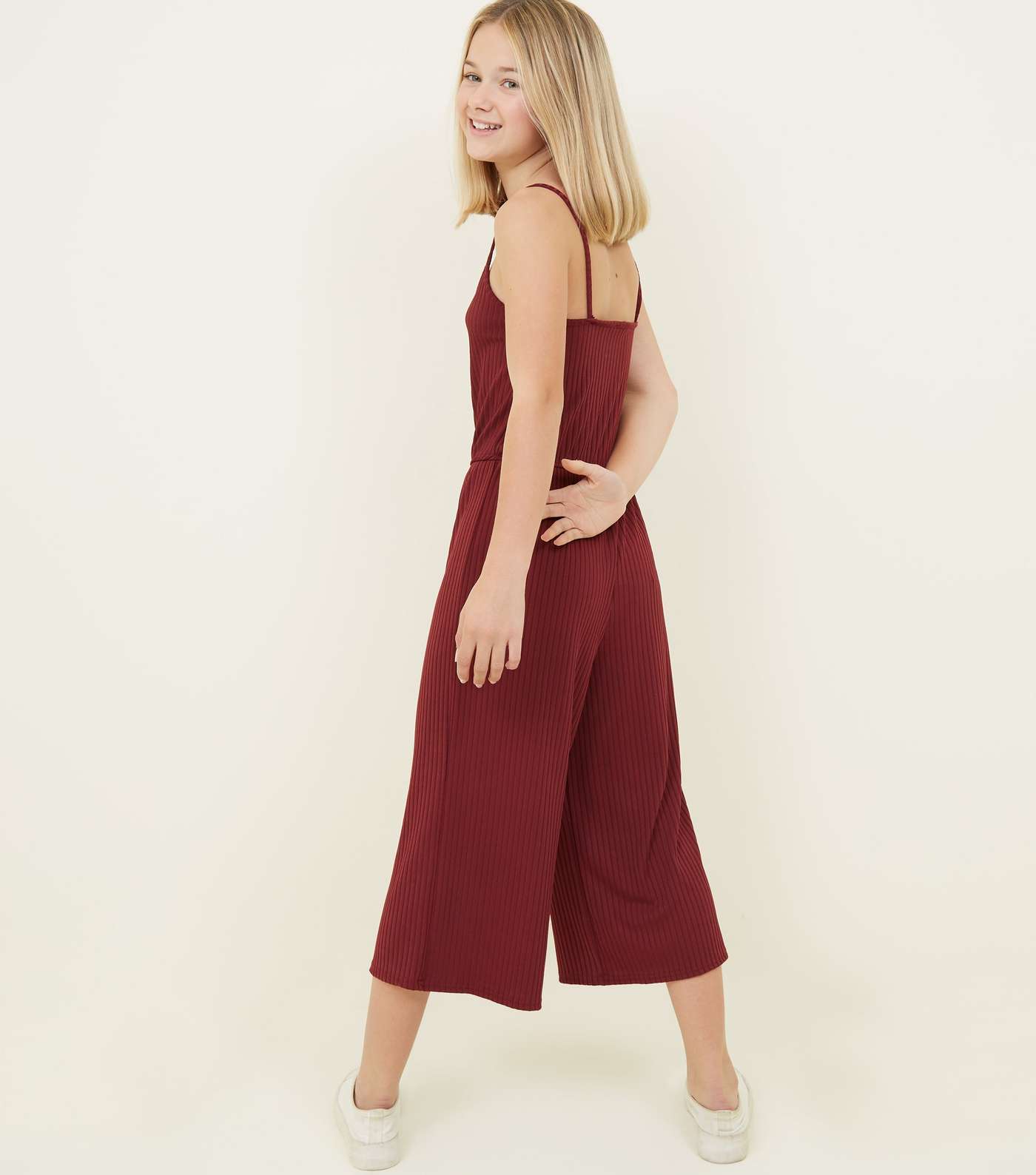 Girls Burgundy Ribbed Strappy Jumpsuit Image 3
