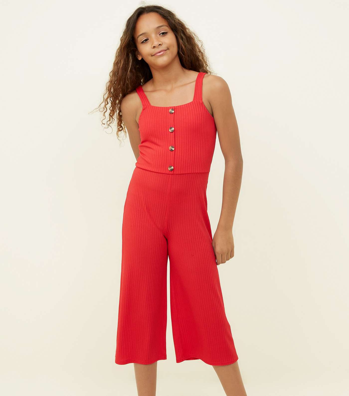 Girls Red Ribbed Button Front Jumpsuit Image 2