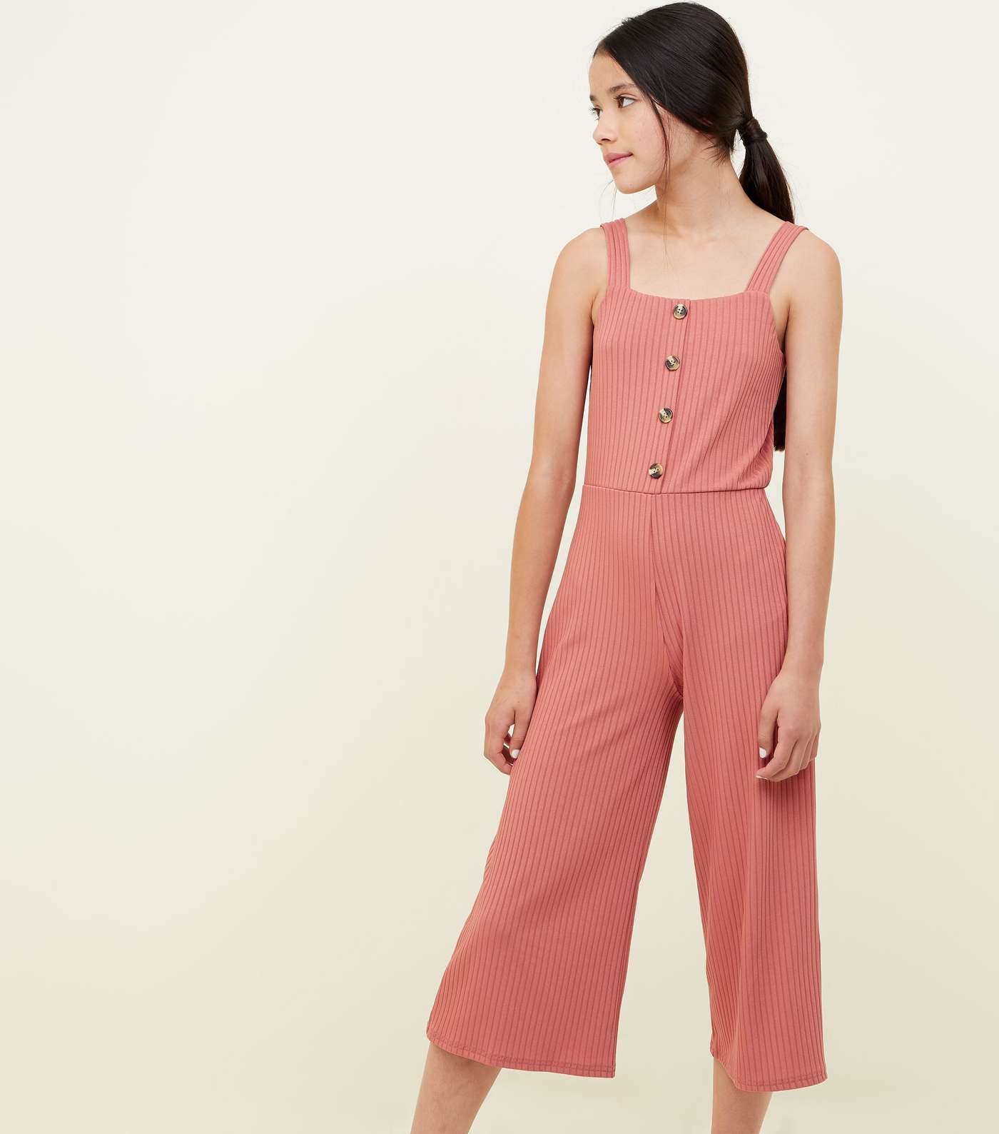 Girls Coral Ribbed Button Front Jumpsuit