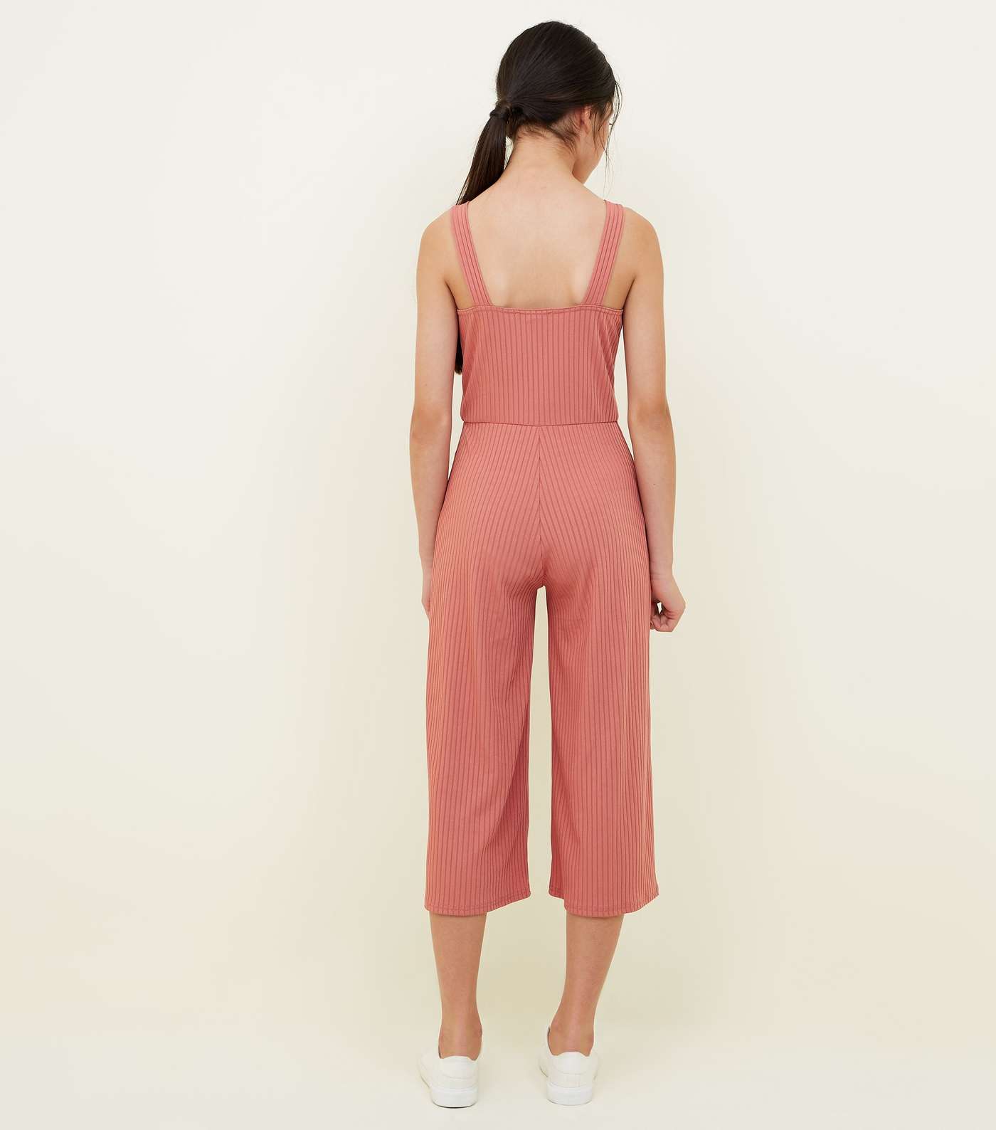 Girls Coral Ribbed Button Front Jumpsuit Image 3