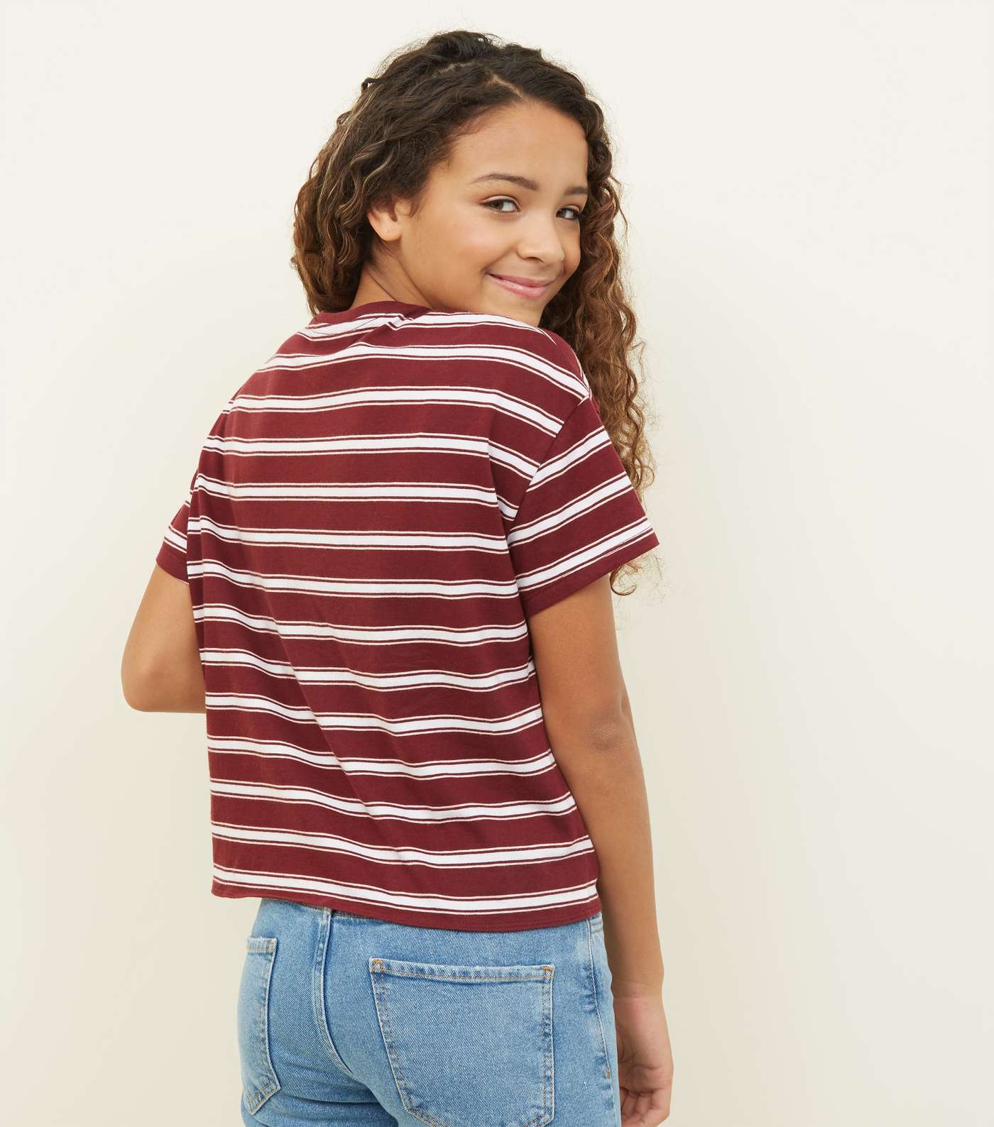 Girls Burgundy Stripe Tie Front T-Shirt Image 3