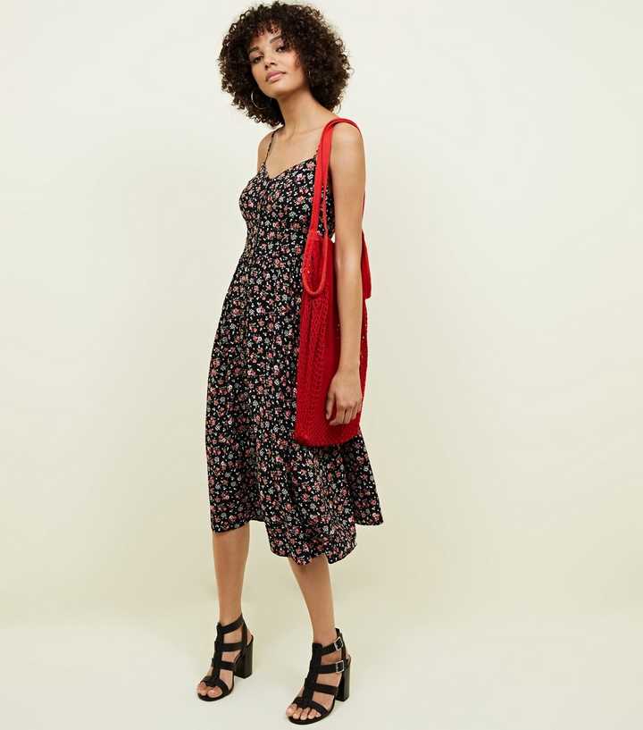 Black Ditsy Floral Button Through Midi Dress