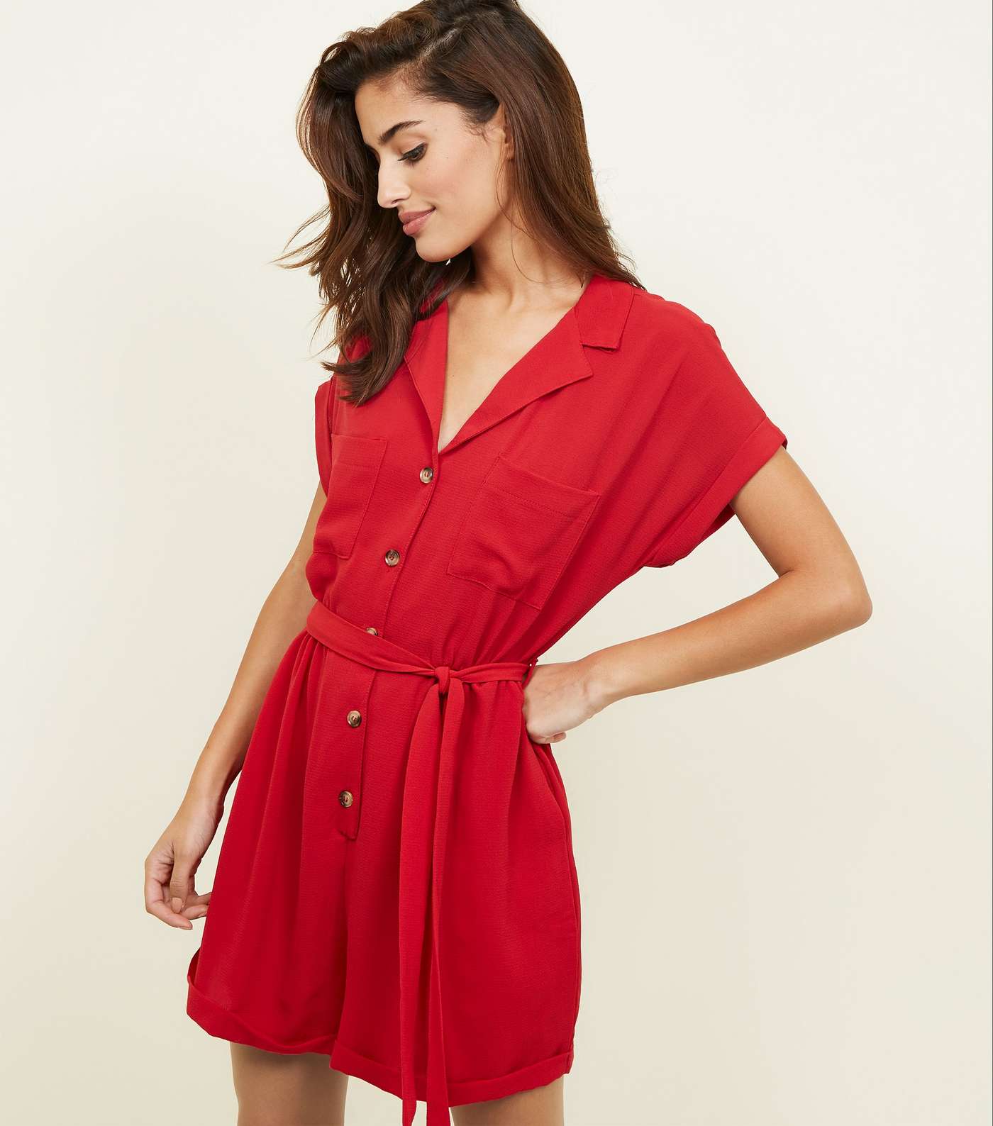 Red Revere Collar Button Through Playsuit