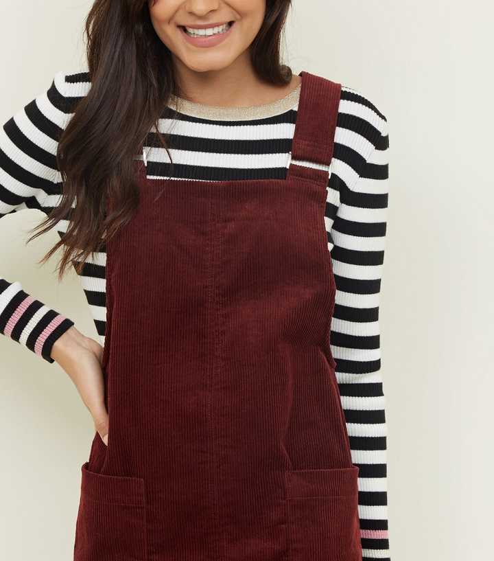 Burgundy Corduroy Pocket Front Pinafore Dress | New Look
