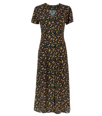 Black Bright Floral Button Through Midi Tea Dress New Look