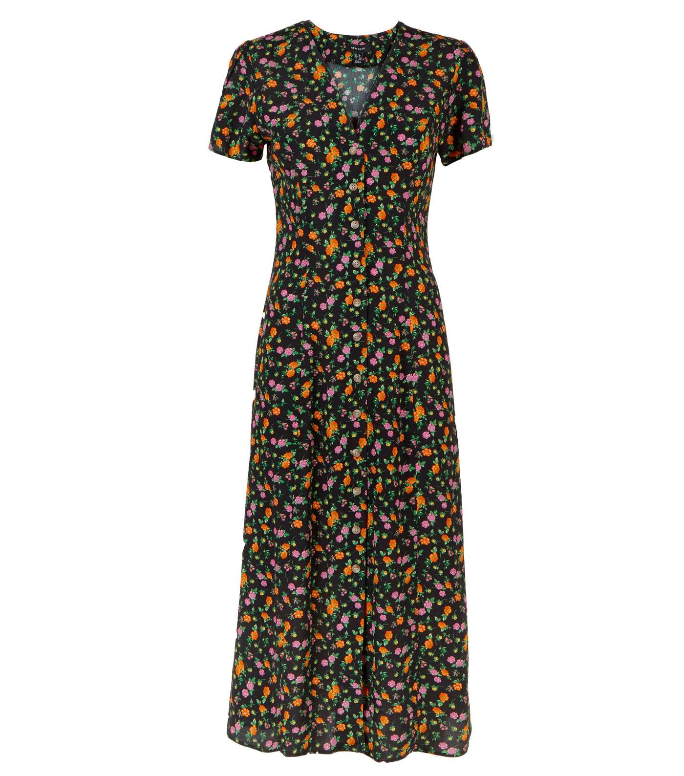 Black Bright Floral Button Through Midi Tea Dress Image 4