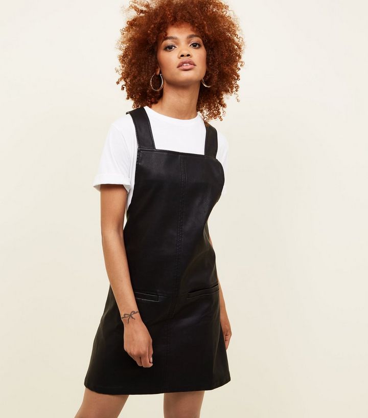 Black Leather-Look Pinafore Dress | New Look