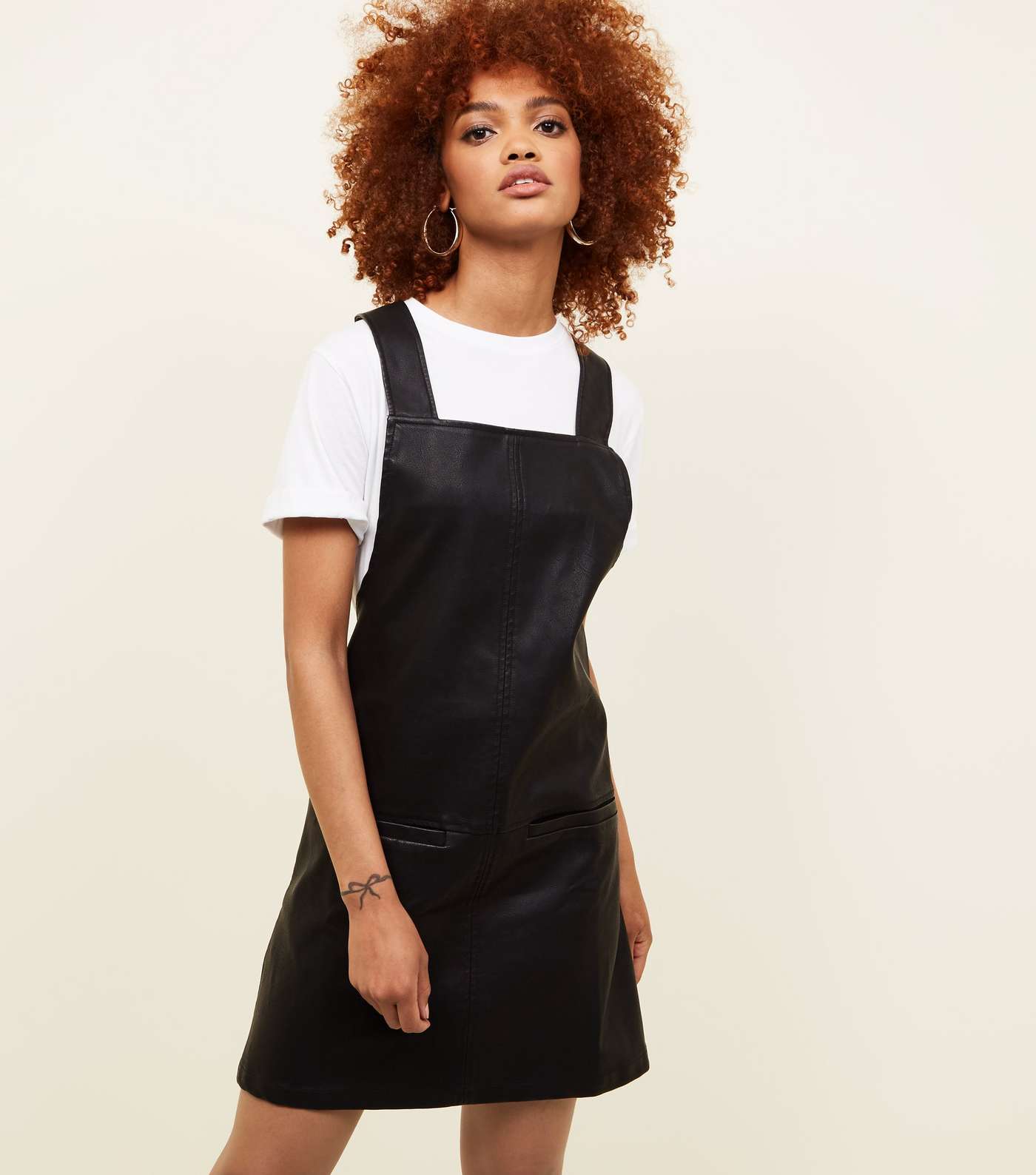 Black Leather-Look Pinafore Dress