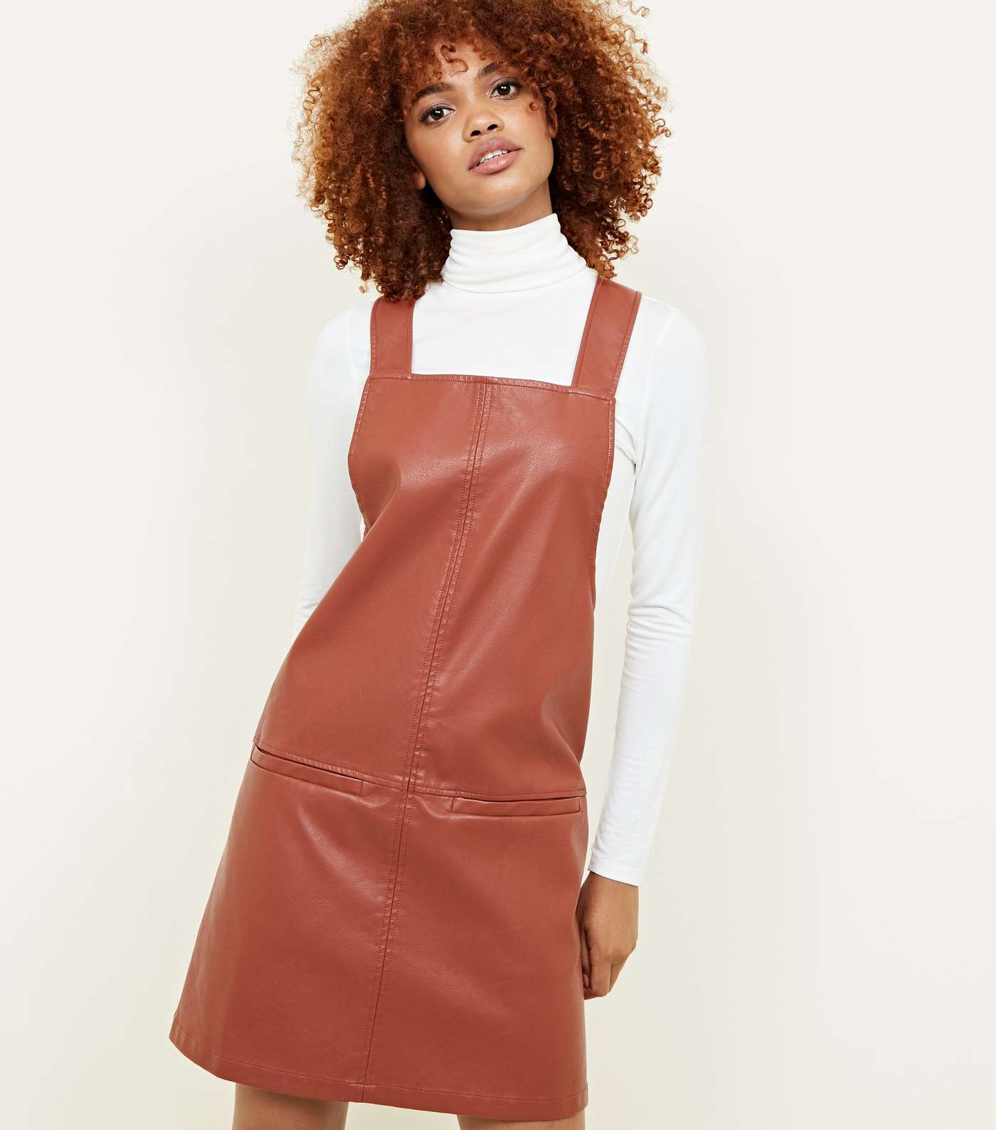 Tan Leather-Look Pinafore Dress