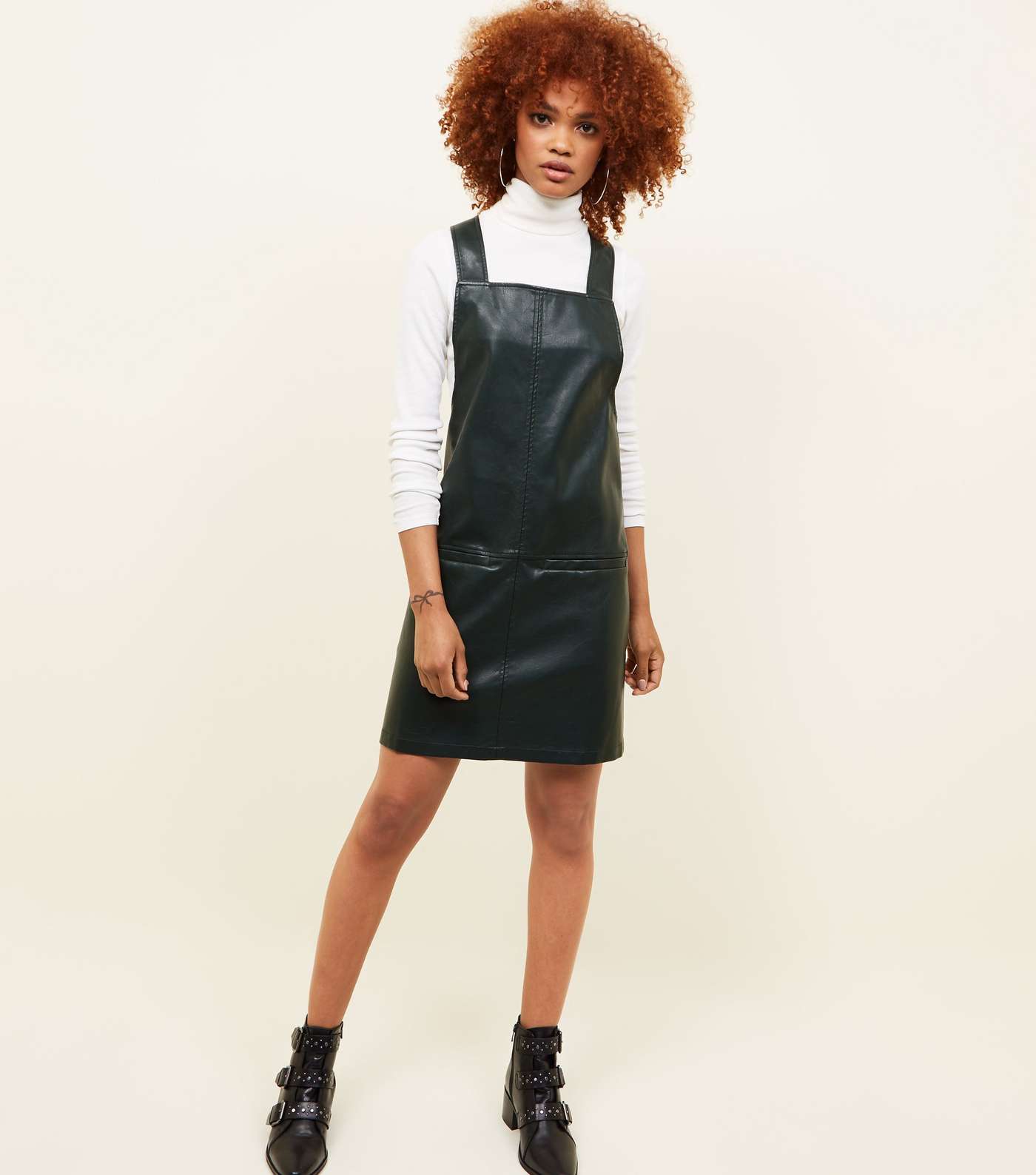 Dark Green Leather-Look Pinafore Dress Image 2