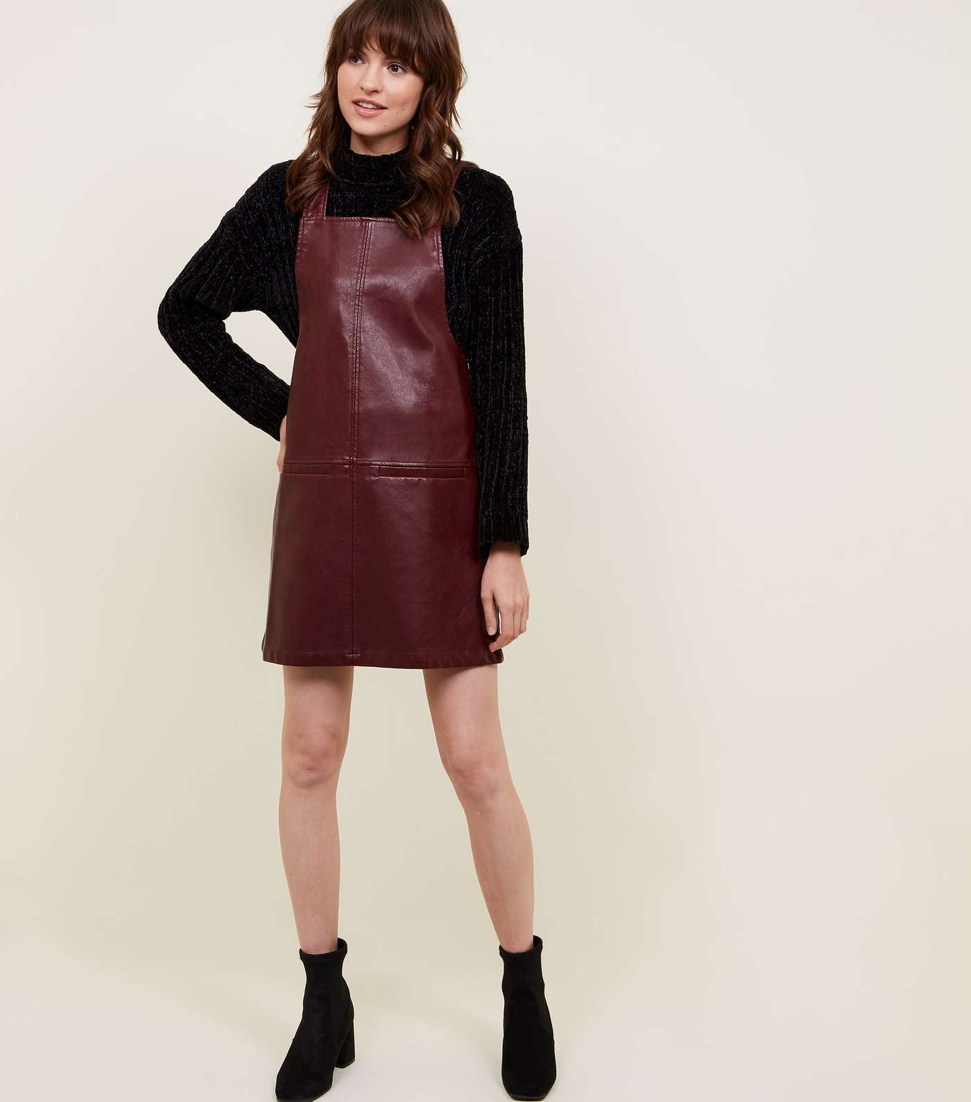 Burgundy Leather-Look Pinafore Dress Image 2