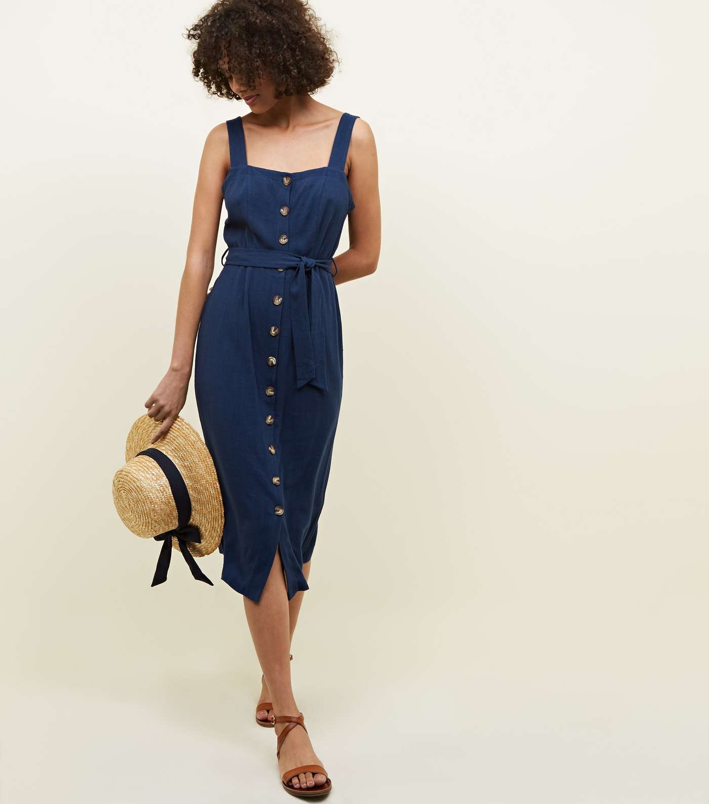 Navy Belted Button Front Midi Dress 